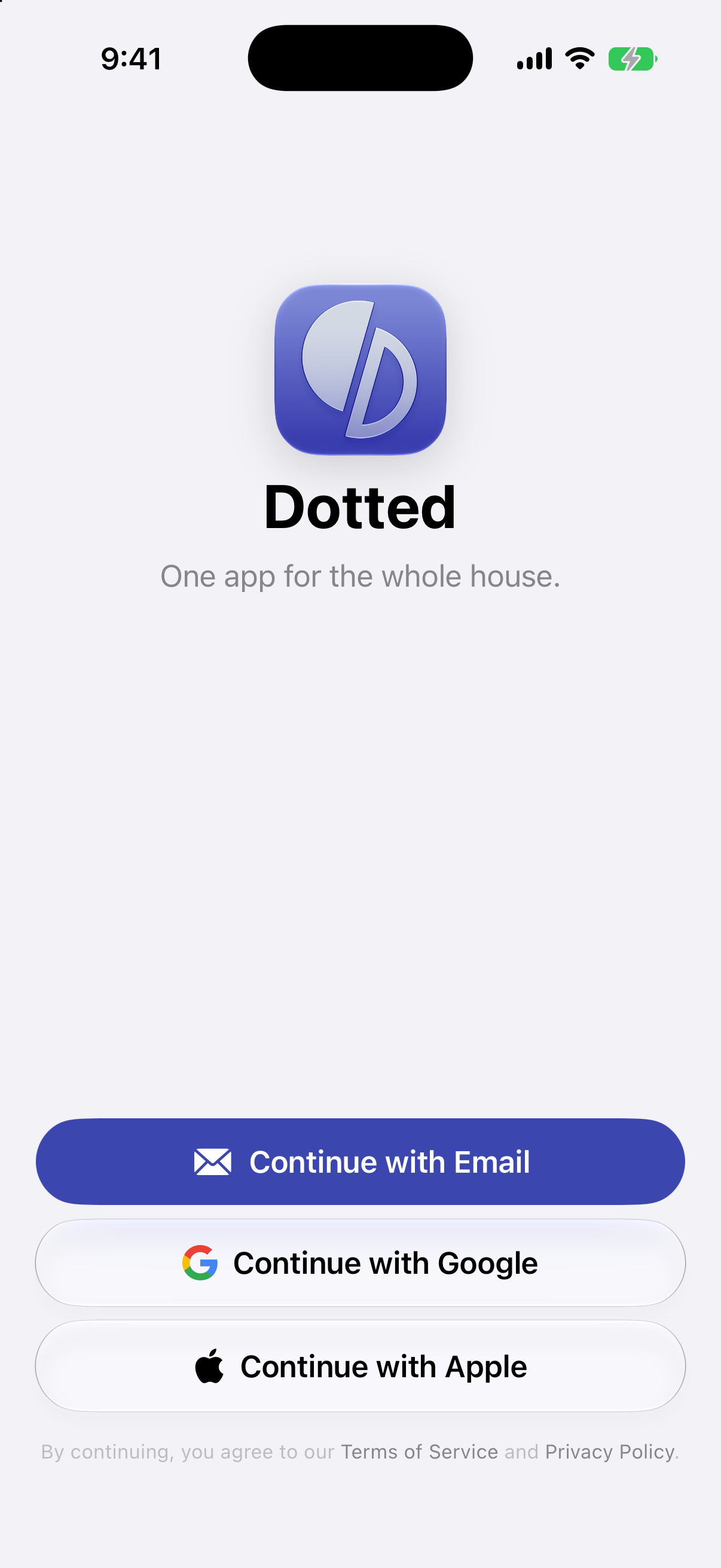 Dotted sign-in screen — continue with Email, Google, or Apple